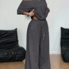 Close-up of the premium, breathable fabric on a casual two piece outfit women.