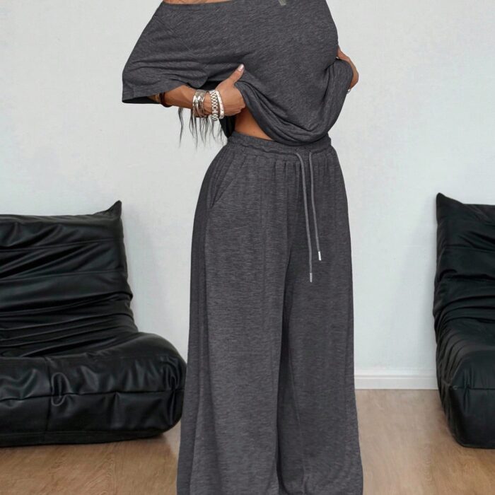 Close-up of the premium, breathable fabric on a casual two piece outfit women.