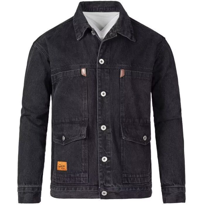 c3654dbf-dcfa-4d54-b783-d2bc1ecdc35e.jpg A stylish man wearing a trendy mens slim fit denim jacket for a sleek Korean streetwear look.