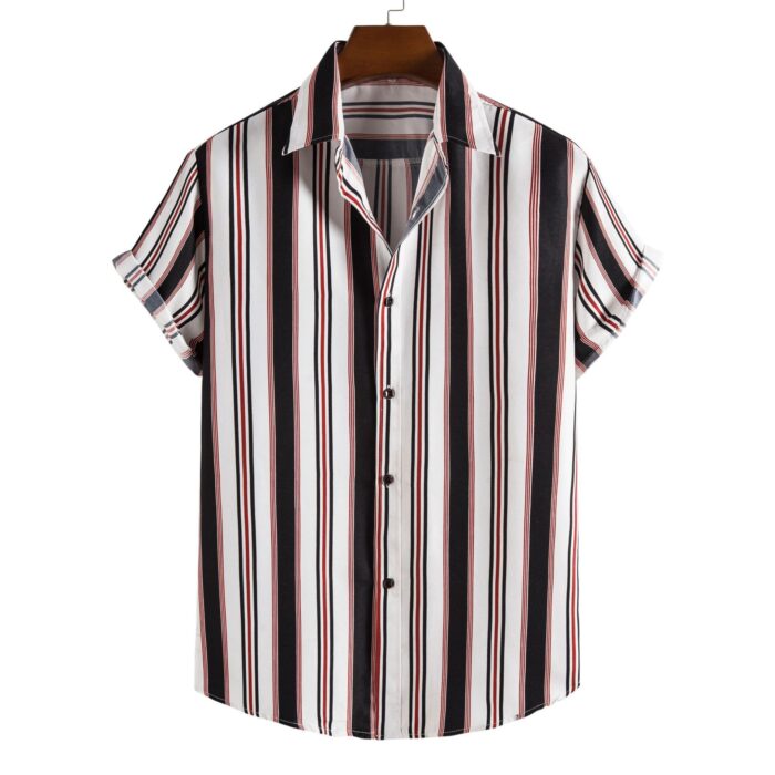 c434796a-4df0-482c-9a56-201d04cb3710.jpg A stylish man wearing a classic mens short sleeve striped shirt for a casual summer look.