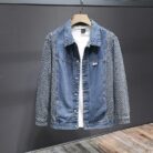 A stylish man wearing a trendy mens patchwork denim jacket for a casual streetwear look.
