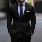 Handsome young man wearing a stylish mens slim fit two piece suit.