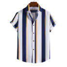 A stylish man wearing a classic mens short sleeve striped shirt for a casual summer look.