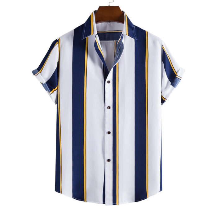 d0bfbff6-6bd2-4e15-9c88-ae7825b99271.jpg A stylish man wearing a classic mens short sleeve striped shirt for a casual summer look.