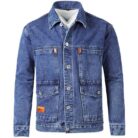 A stylish man wearing a trendy mens slim fit denim jacket for a sleek Korean streetwear look.
