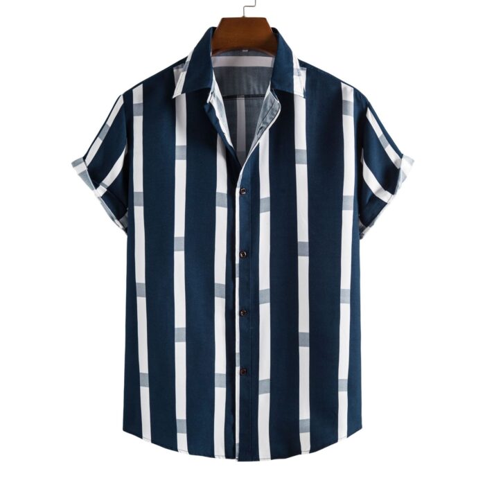 de09eedd-808b-48be-af69-2a45fdf9df1d.jpg A stylish man wearing a classic mens short sleeve striped shirt for a casual summer look.