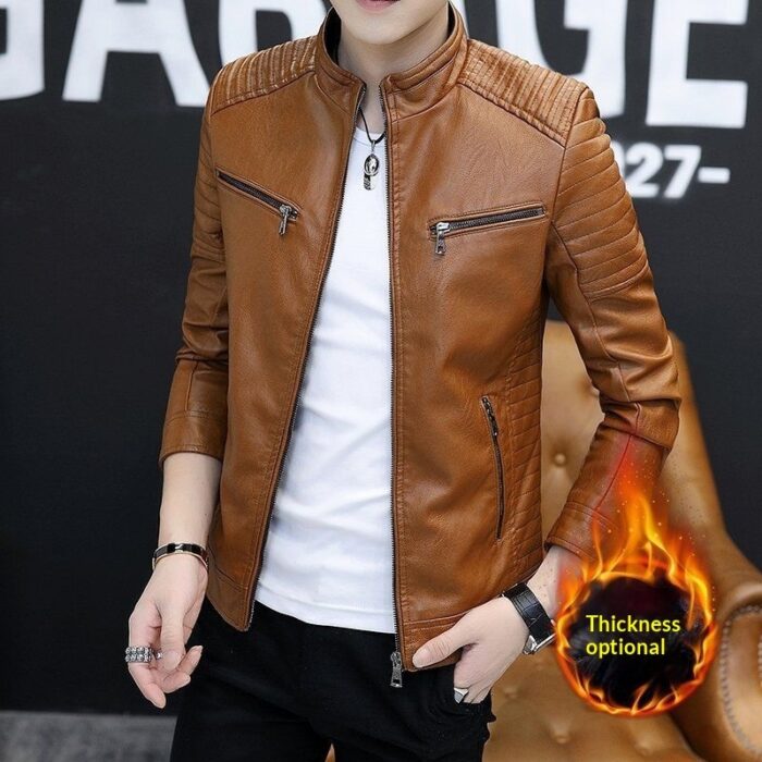 A stylish man wearing a versatile mens lightweight faux leather jacket for a smart-casual look.