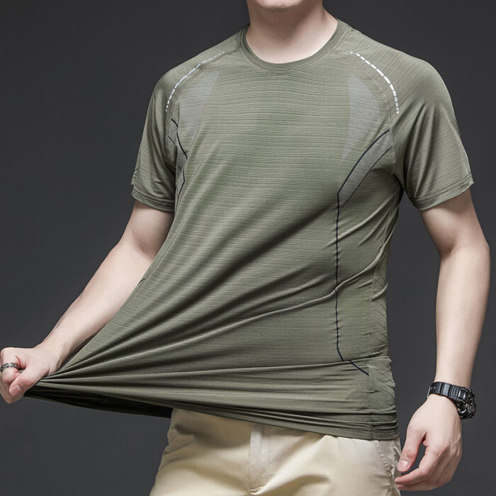 A man staying cool in the summer heat wearing a breathable mens ice silk t shirt.