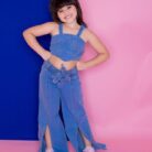 Cute little girl wearing a trendy blue girls denim crop top terno.