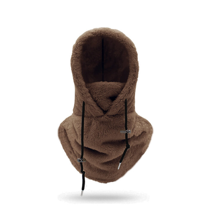 Person staying warm while wearing a thick winter fleece balaclava hat.