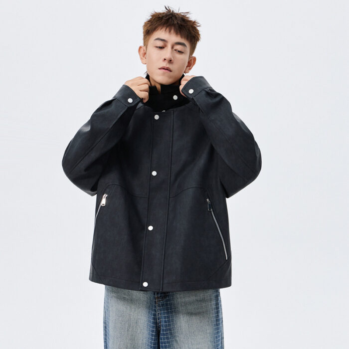 A stylish man wearing a classic mens plus size faux leather jacket for a smart-casual everyday look.
