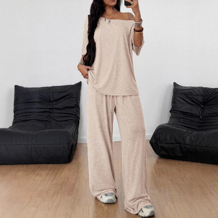 Close-up of the premium, breathable fabric on a casual two piece outfit women.