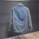A stylish man wearing a trendy mens patchwork denim jacket for a casual streetwear look.