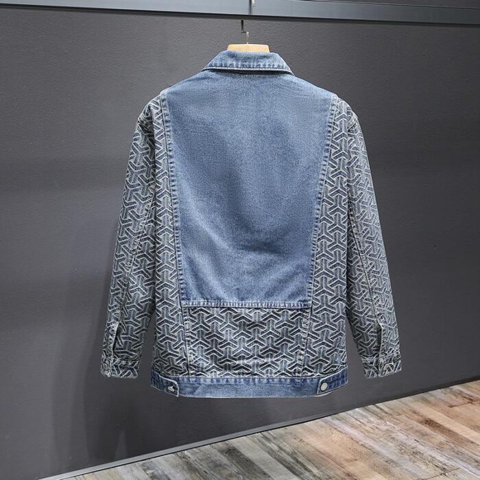 A stylish man wearing a trendy mens patchwork denim jacket for a casual streetwear look.