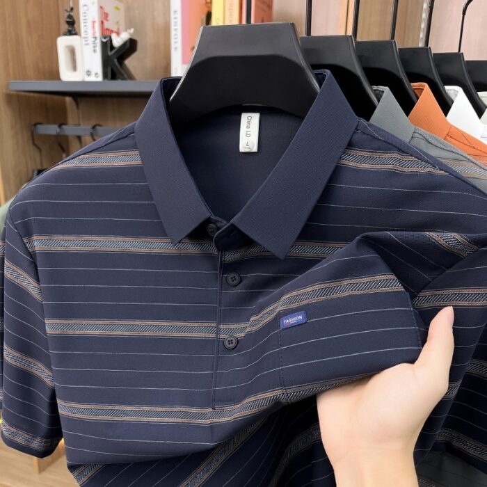 A stylish man wearing a comfortable mens striped polo shirt for a smart casual weekend look.