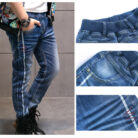 Close-up of the neat waistband and comfortable cotton fabric on kids casual denim pants.