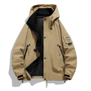 A stylish man wearing a practical mens waterproof windbreaker jacket to protect against the rain and wind from K&K Trend Wear.