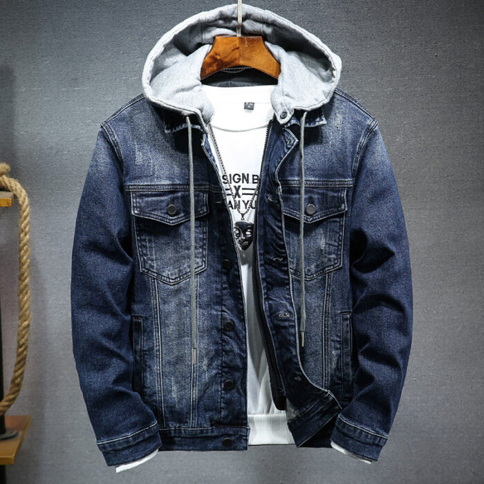 A stylish man wearing a versatile mens thick hooded denim jacket for a warm streetwear look from K&K Trend Wear.