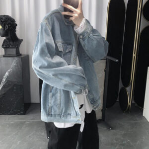 A stylish man wearing a versatile mens vintage wash denim jacket for an effortless streetwear look from K&K Trend Wear.