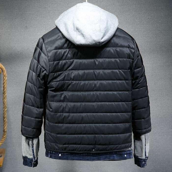A stylish man wearing a versatile mens thick hooded denim jacket for a warm streetwear look from K&K Trend Wear.