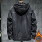 A stylish man wearing a versatile mens thick hooded denim jacket for a warm streetwear look from K&K Trend Wear.