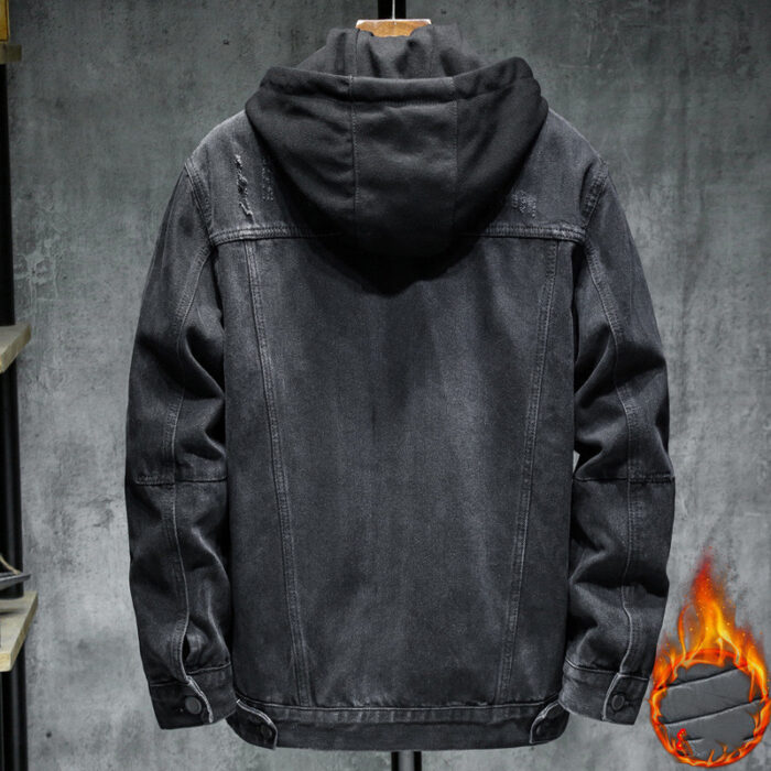 A stylish man wearing a versatile mens thick hooded denim jacket for a warm streetwear look from K&K Trend Wear.