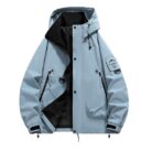 A stylish man wearing a practical mens waterproof windbreaker jacket to protect against the rain and wind from K&K Trend Wear.