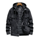 A stylish man wearing a versatile mens thick hooded denim jacket for a warm streetwear look from K&K Trend Wear.