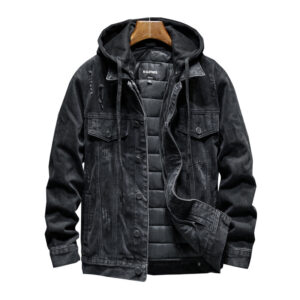 A stylish man wearing a versatile mens thick hooded denim jacket for a warm streetwear look from K&K Trend Wear.