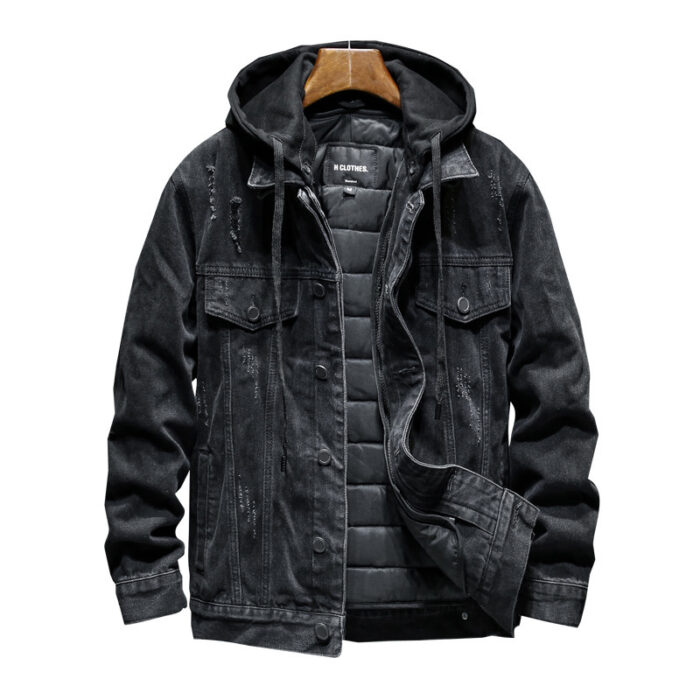 A stylish man wearing a versatile mens thick hooded denim jacket for a warm streetwear look from K&K Trend Wear.