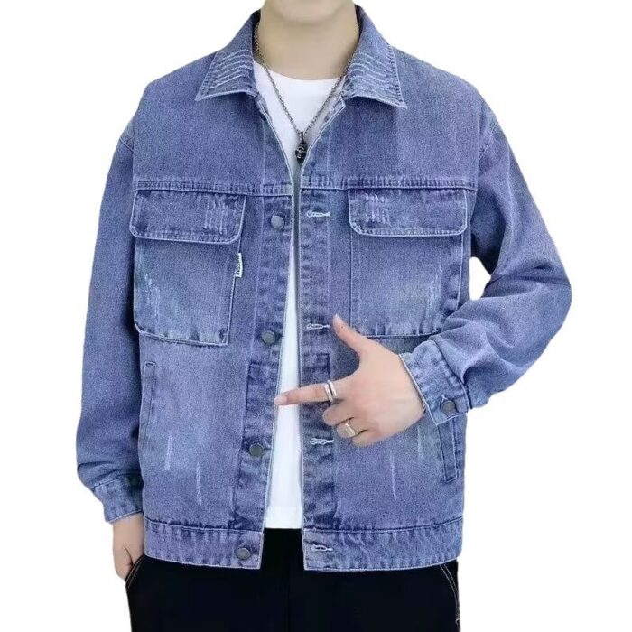 7ed83da9-7eda-4e4a-91a7-31664c968720.jpg A stylish man wearing a versatile mens relaxed fit denim jacket for an effortless streetwear look from K&K Trend Wear.