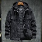 A stylish man wearing a versatile mens thick hooded denim jacket for a warm streetwear look from K&K Trend Wear.