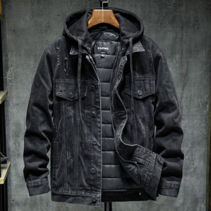 A stylish man wearing a versatile mens thick hooded denim jacket for a warm streetwear look from K&K Trend Wear.