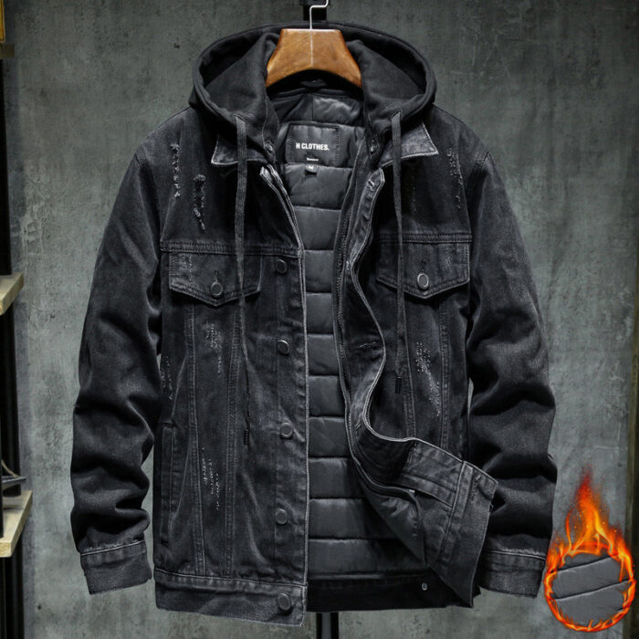 A stylish man wearing a versatile mens thick hooded denim jacket for a warm streetwear look from K&K Trend Wear.