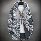 A stylish man wearing a warm mens fleece lined graphic jacket for a bold streetwear look from K&K Trend Wear.