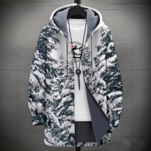A stylish man wearing a warm mens fleece lined graphic jacket for a bold streetwear look from K&K Trend Wear.