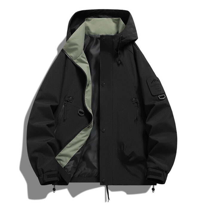 A stylish man wearing a practical mens waterproof windbreaker jacket to protect against the rain and wind from K&K Trend Wear.