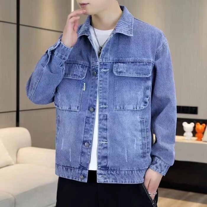 b41413b1-4865-4210-89c9-de9454349135.jpg A stylish man wearing a versatile mens relaxed fit denim jacket for an effortless streetwear look from K&K Trend Wear.