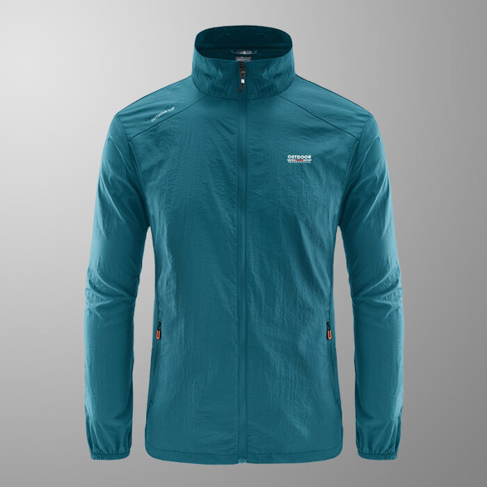 cc7ec214-a879-4671-bfb4-eb38b6d34eaf.jpg A man outdoors wearing a versatile mens uv protection fishing jacket for summer sun protection from K&K Trend Wear.