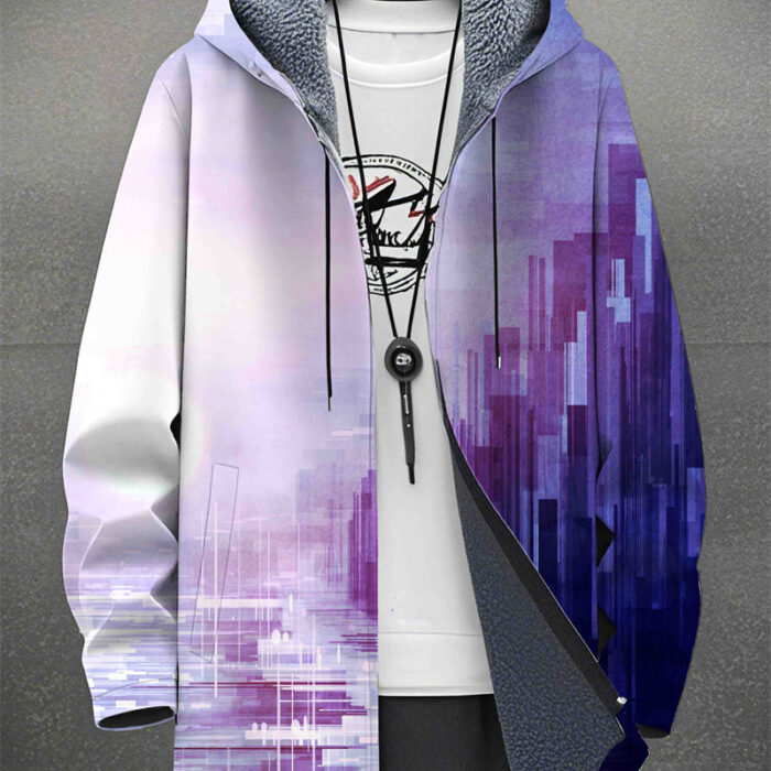 Men’s Fleece-Lined Graphic Print Casual Jacket A stylish man wearing a warm mens fleece lined graphic jacket for a bold streetwear look from K&K Trend Wear.