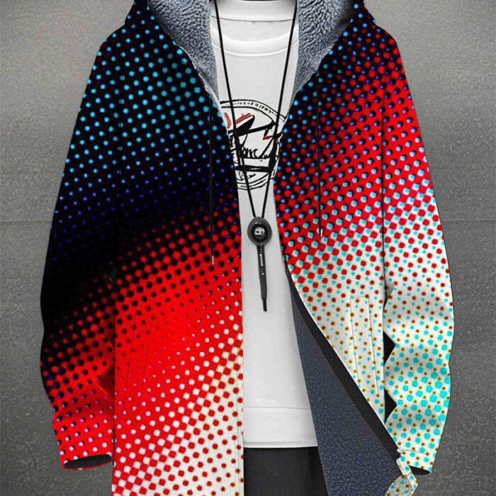 Men’s Fleece-Lined Graphic Print Casual Jacket A stylish man wearing a warm mens fleece lined graphic jacket for a bold streetwear look from K&K Trend Wear.