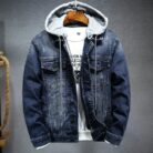 A stylish man wearing a versatile mens thick hooded denim jacket for a warm streetwear look from K&K Trend Wear.