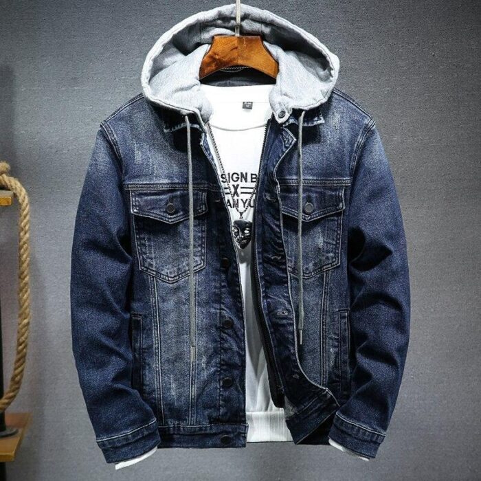 A stylish man wearing a versatile mens thick hooded denim jacket for a warm streetwear look from K&K Trend Wear.